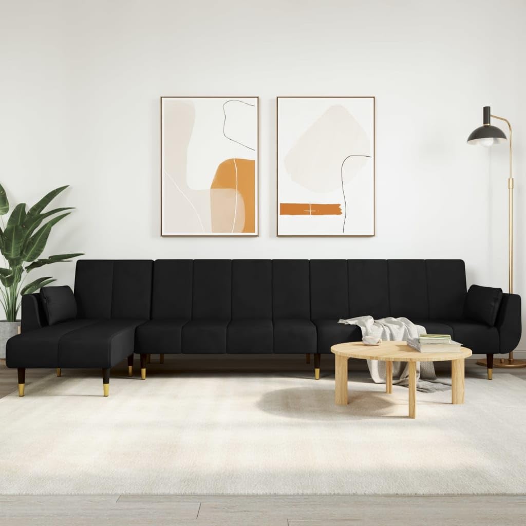 vidaXL L-Shaped Sofa Bed - Black Velvet Couch Bed with Foam Filling, Stable Wooden Frame - 3 Convertible Positions - Living Room/Bedroom Reclining Sofa, Chaise Longue Option